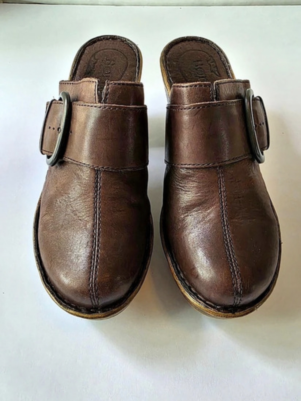 Born Brown Leather Platform Clog Mules Chunky Block Heel Buckle Size 8 / 39